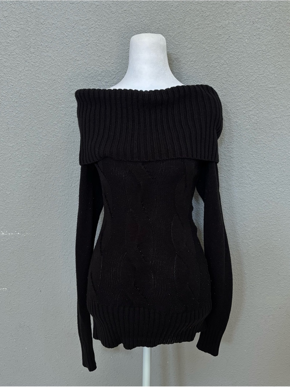 H&M Black Off-the-Shoulder Ribbed Foldover Sweater